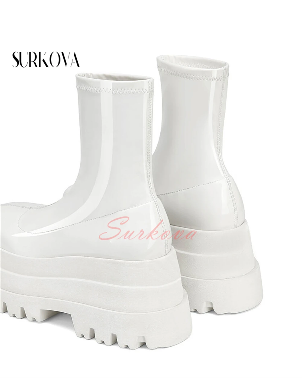 Women's Solid Color Patent Leather Platform Boots Round Toe Slip On Ankle Boots Ladies Fashion Boots Casual Shoes for Women New