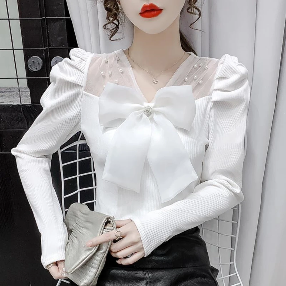 

Slim Spliced Solid Bow V-neck Full Puff Sleeves Knitted Sweater Spring Autumn 2023 Fashion Temperament Office Lady Outerwear