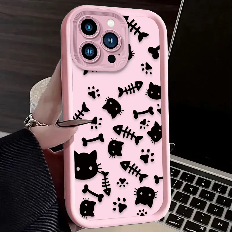 Фото Lovely Cartoon Black Cat Phone Case For iPhone 16 14 15 13 12 11 Pro Max X XS X S Max XR SE 2020 7 8 Plus iphone16 Back Cover №5