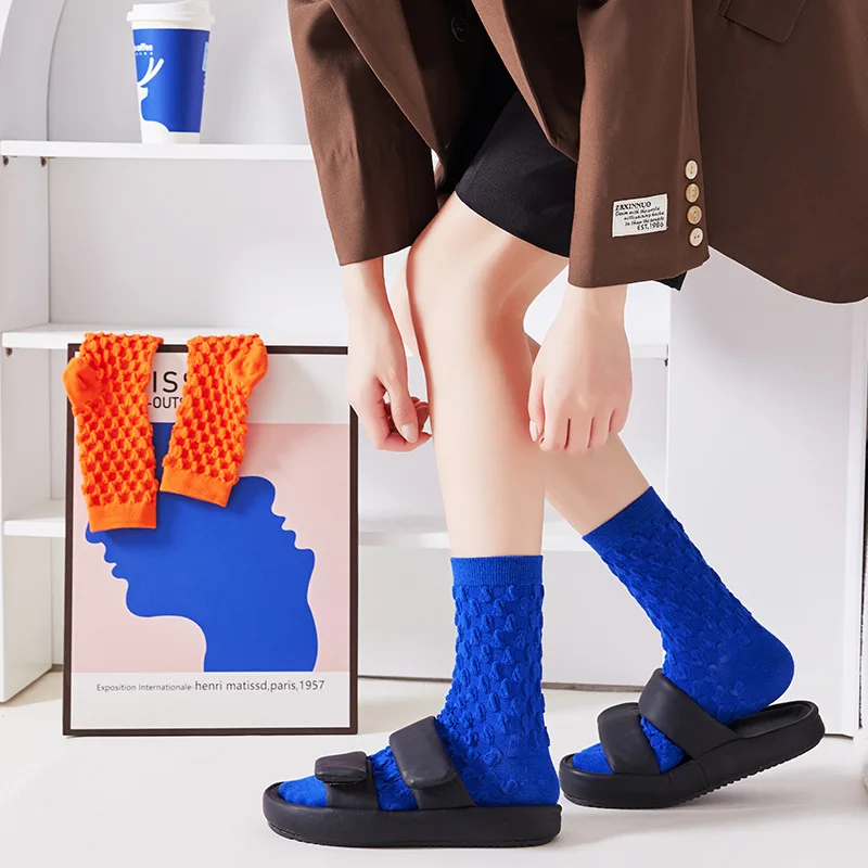 Socks Women's Mid-Calf Cotton Color Bubble Socks 10 Pairs Retro Personality Solid Color Fashion Women's Socks