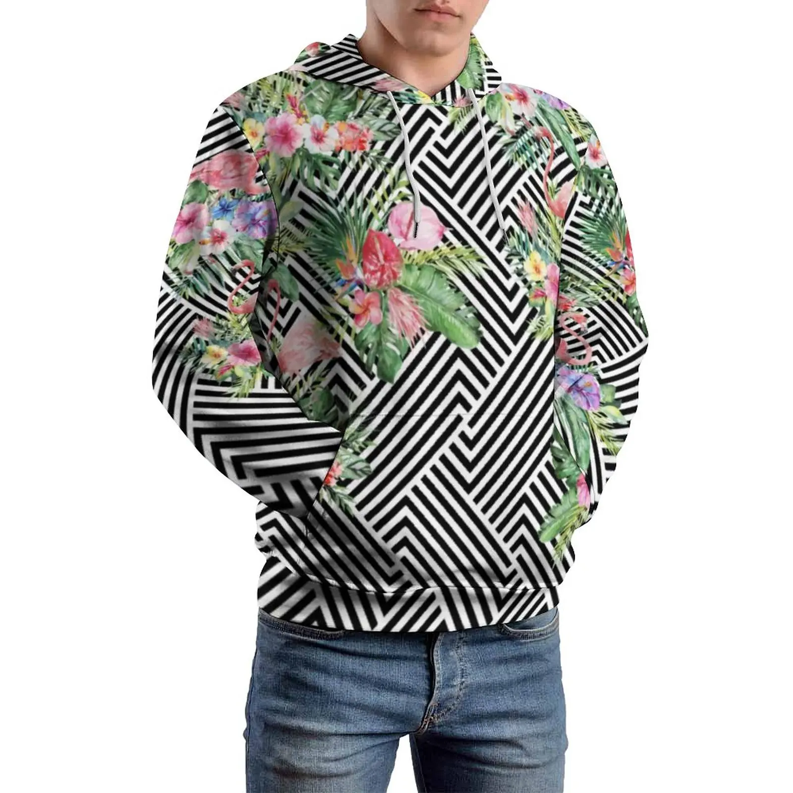 

Tropical Flamingo Casual Hoodies Long Sleeve Geometric Floral Print Pretty Hoodie Autumn Couple Loose Oversized Pattern Clothing