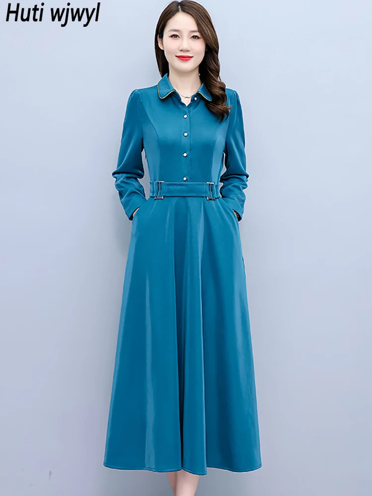 

2022 Polo Collar Office Lady Shirt Dress Women Causal Chic Prom Midi Dress Autumn Winter Elegant Bodycon Party Night Maxi Dress