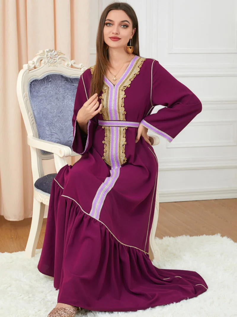 Abaya 2022 Muslim Evening Dress Embroidery Belted Kaftan Long Sleeve Pleated Patchwork Robe Moroccan Caftan Woman