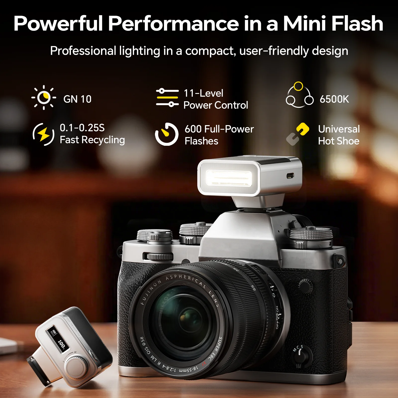 Фото Фотовспышка PHOTOOLEX G02 Mini: карманная вспышка с беспроводным триггером для Sony, Canon, Nikon, Fuji, Fujifilm, Olympus №2