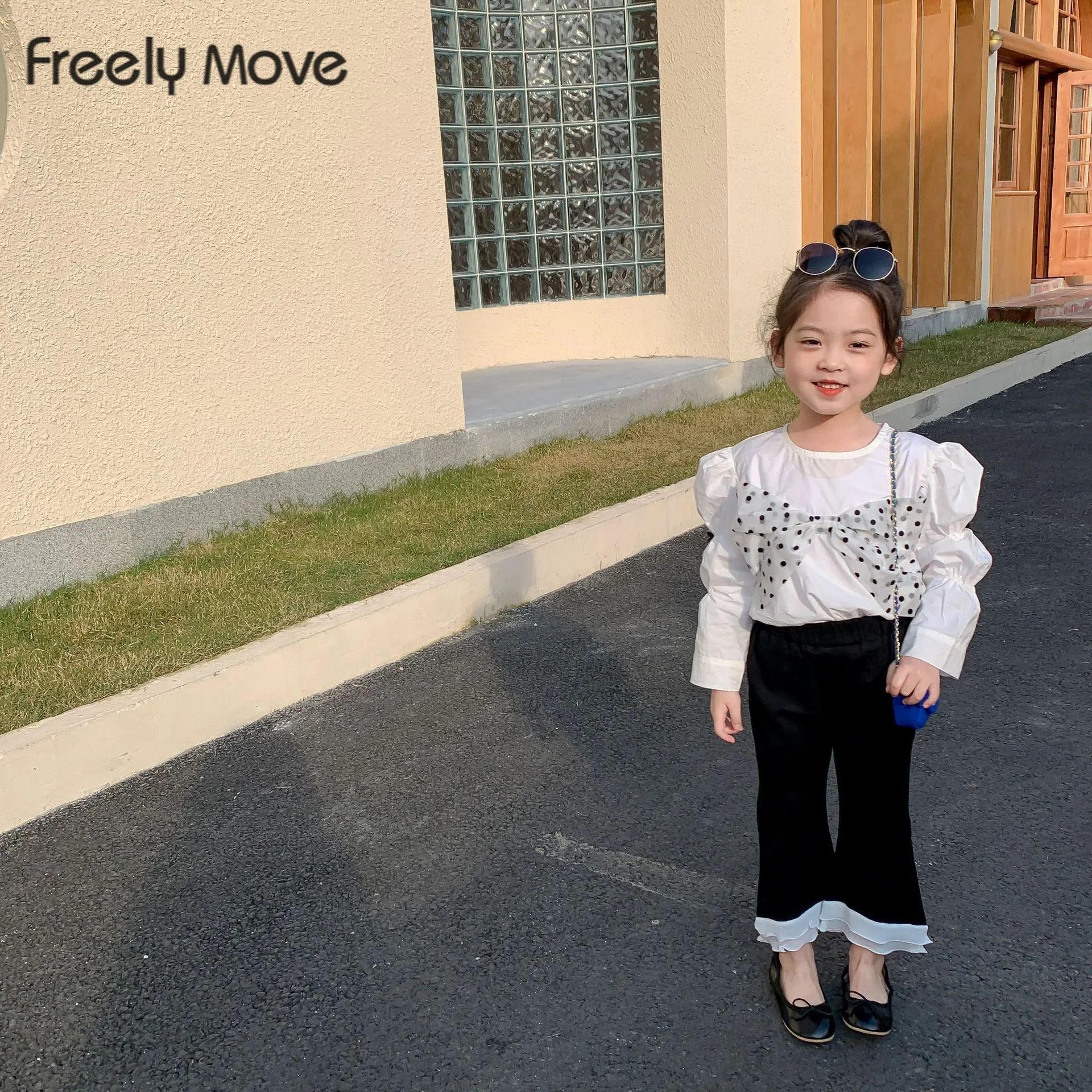 

Freely Move Newborn Baby Girls Clothes Sets Puff Sleeve Polka Dot Bowknot T Shirt Tops Flared Pants Trousers Outfits Clothes