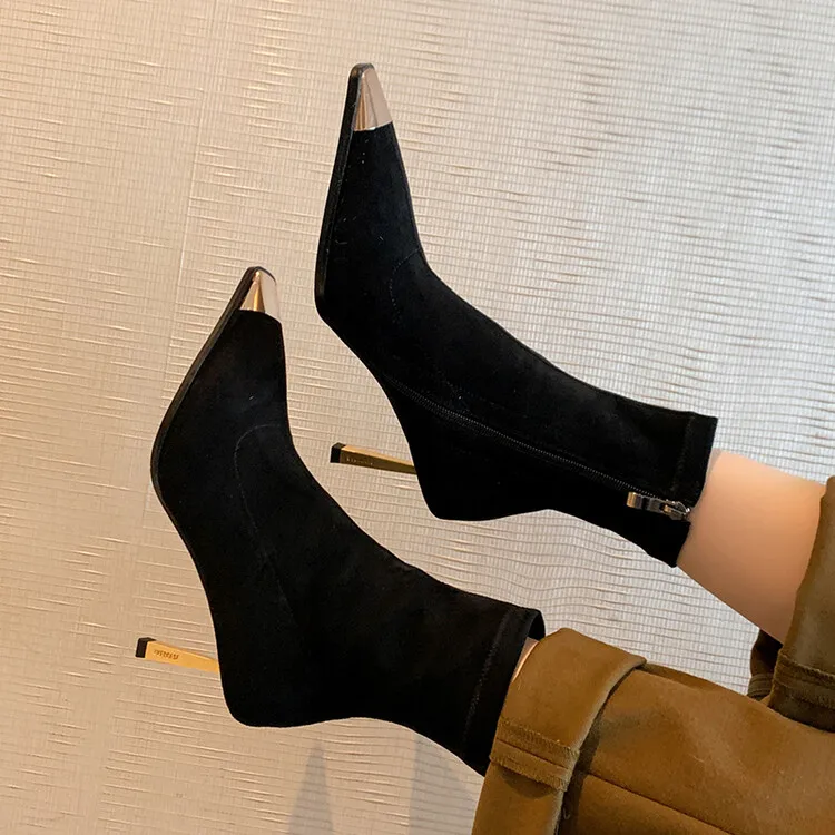 

Elegant Iron Square Toe Women Boots Black Elastic Suede Short Sock Botas Side Zipper Thin High Heels Autumn Botines Femininos