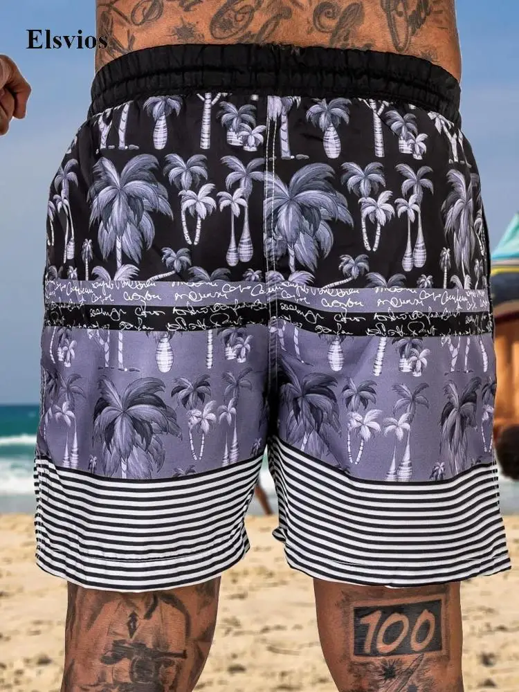 

2022 Summer Patchwork Stripe Print Mens Shorts Spring Fashion Drawstring Elastic Waist Men Short Pants Casual Loose Beach Shorts