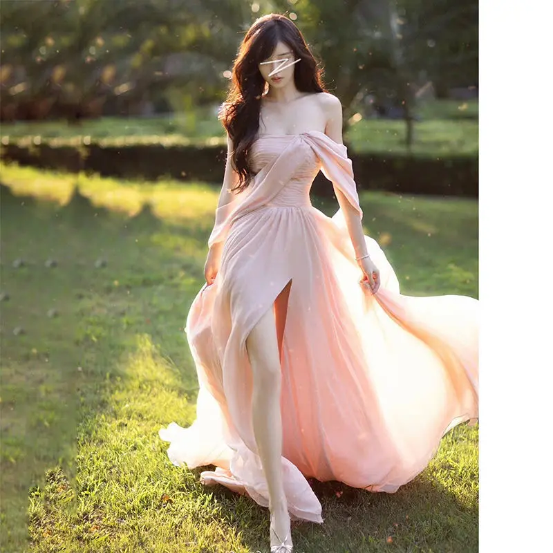 

Women's Tube Top Chiffon Split Long Pink Dress Clothes 2022 Summer Elegant Romantic Dress Gauze Holiday Dress Female