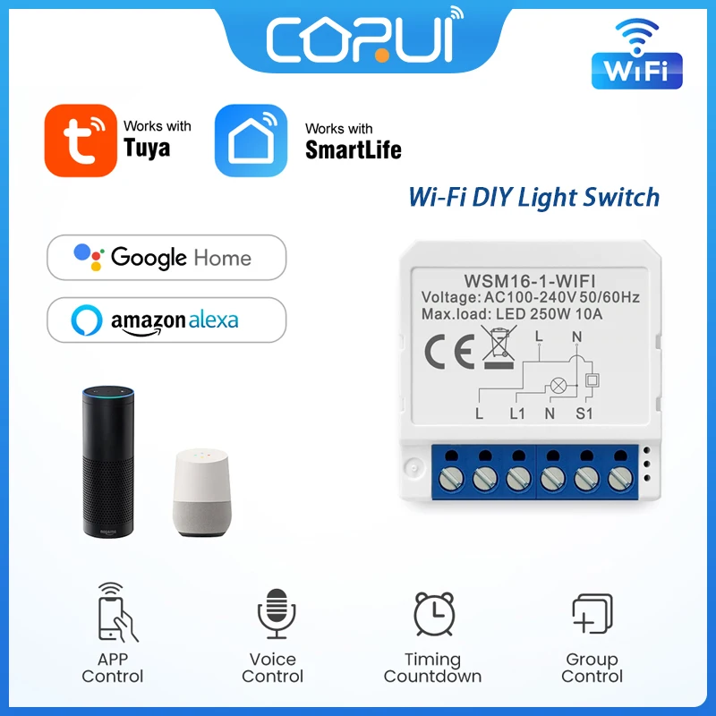 

Мини-модуль выключателя света CoRui Tuya с поддержкой Wi-Fi, 10 А