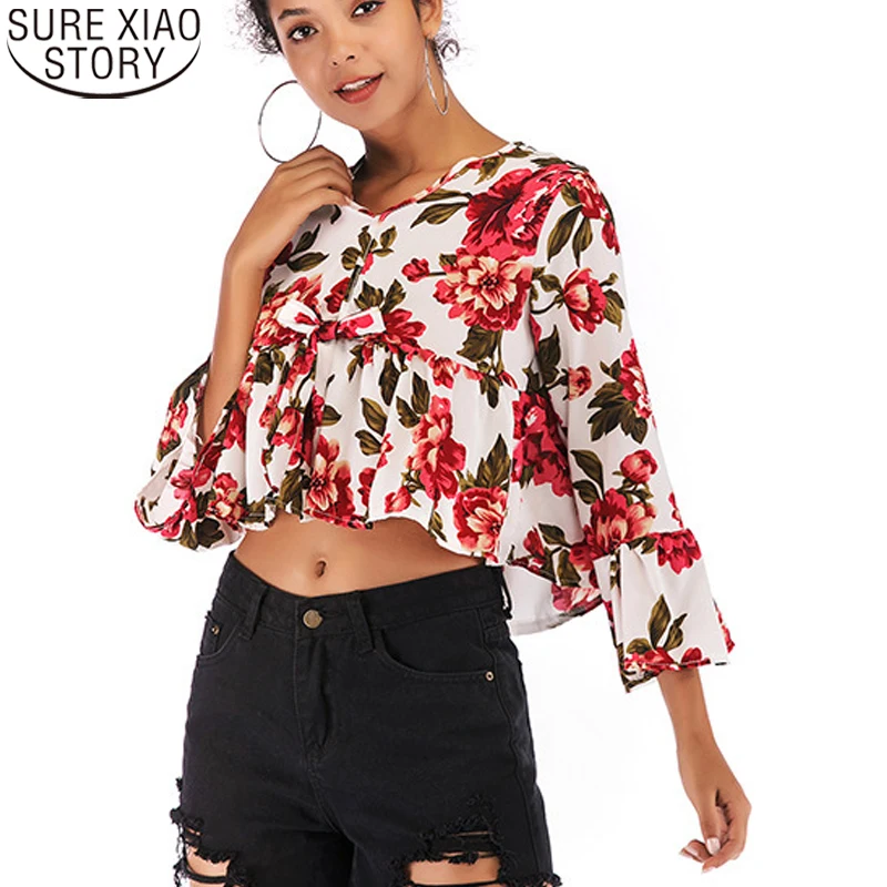 

Floral Blouse Fashion V-neck Short Legnth Tops Spring Bottoming Shirt Women Chiffon Blouses Nine Quarter Clothes Blusas 18745