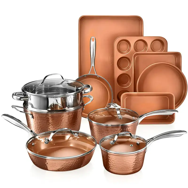 

Collection Pots and Pans Set, 15-Piece Premium Cookware & Bakeware Set, Non-Stick, Includes Fry Pans, Stock Pots, Bakeware Set &