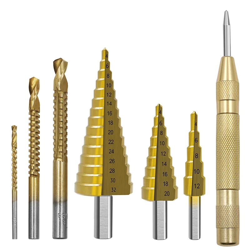 

1Set HSS Titanium Step Drill Bit Set Automatic Center Punch Cutter Wood Cone Core Drilling Hole Twist Saw Drill