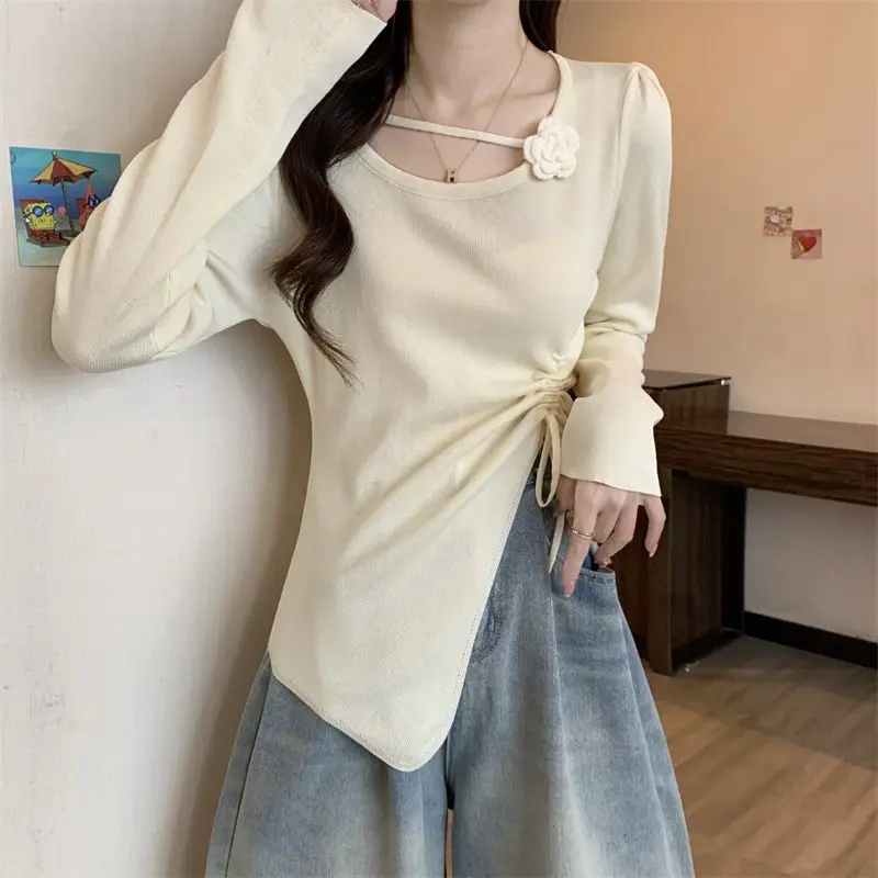 Корейский тривимерный вязаный женский топ с длинными рукавами и розой осенний