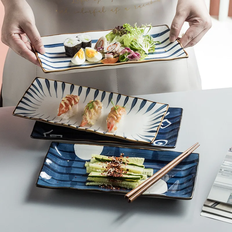 

10.5 inch Japanese Dinner Plate Ceramic Sushi Plate Fish Dinner Dishes Rectangle Household Dinnerware