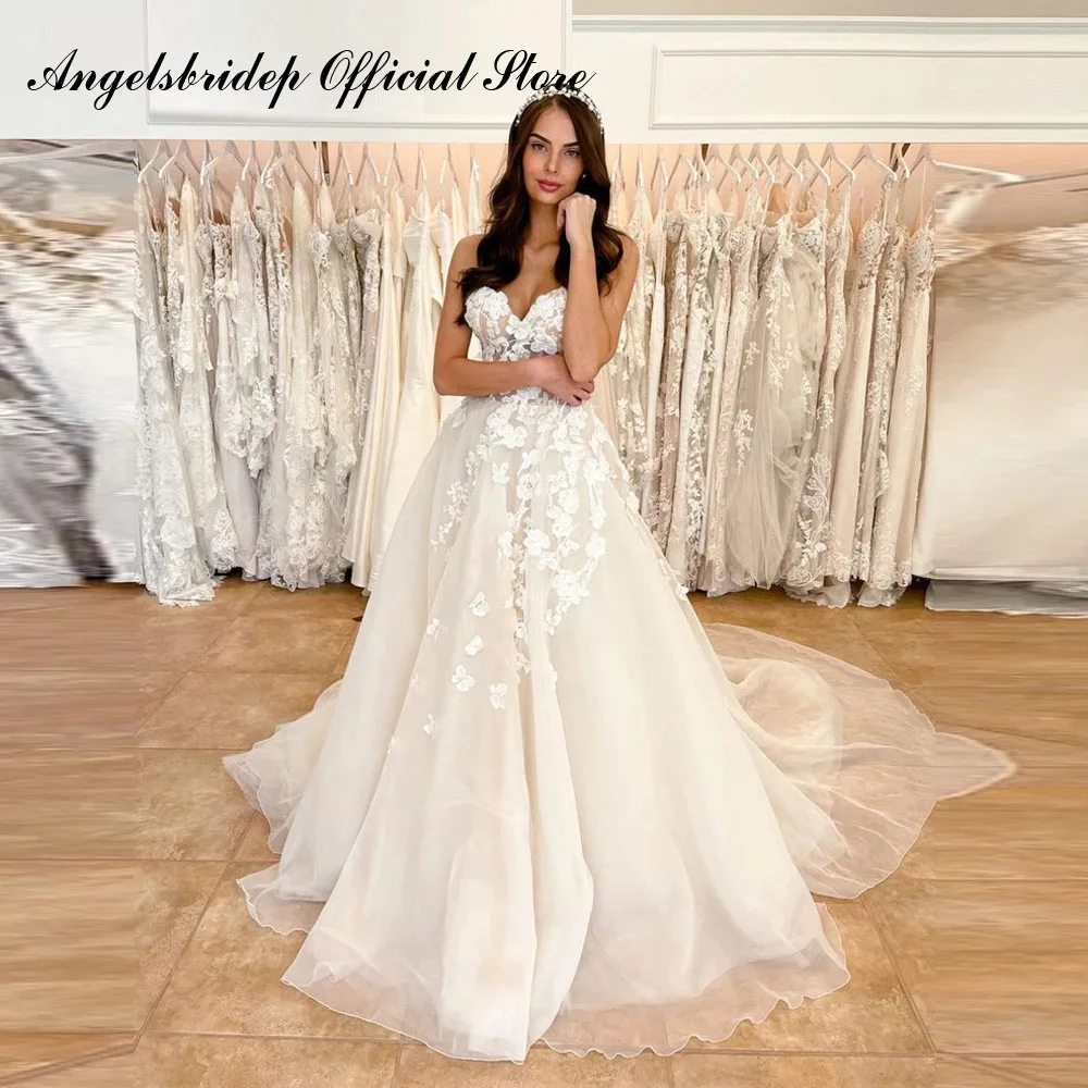 

Angelsbridep Elegant A Line Soft Organza Wedding Dresses 3D Flowers Beads Sweetheart Sweep Train Bridal Gowns Vestido de noiva