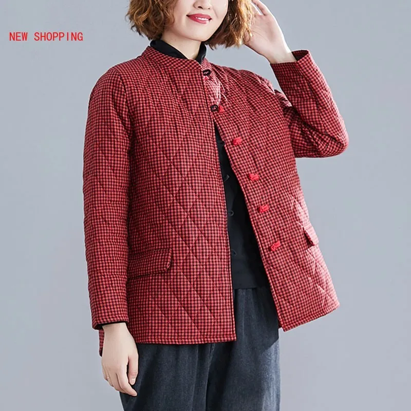 Autumn Winter Women Casual Warm Thicken Cotton Coats New 2022 Vintage Plaid Loose Long Sleeve Short Jackets Parkas Plus Size 5XL