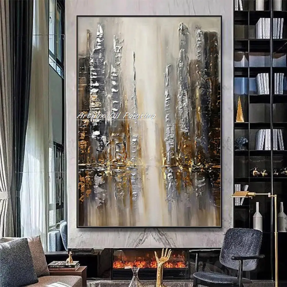 

Arthyx,Abstract Thick Texture Building Oil Painting On Canvas,Handmade City Picture Vertical Wall Art For Modern Home Decoration
