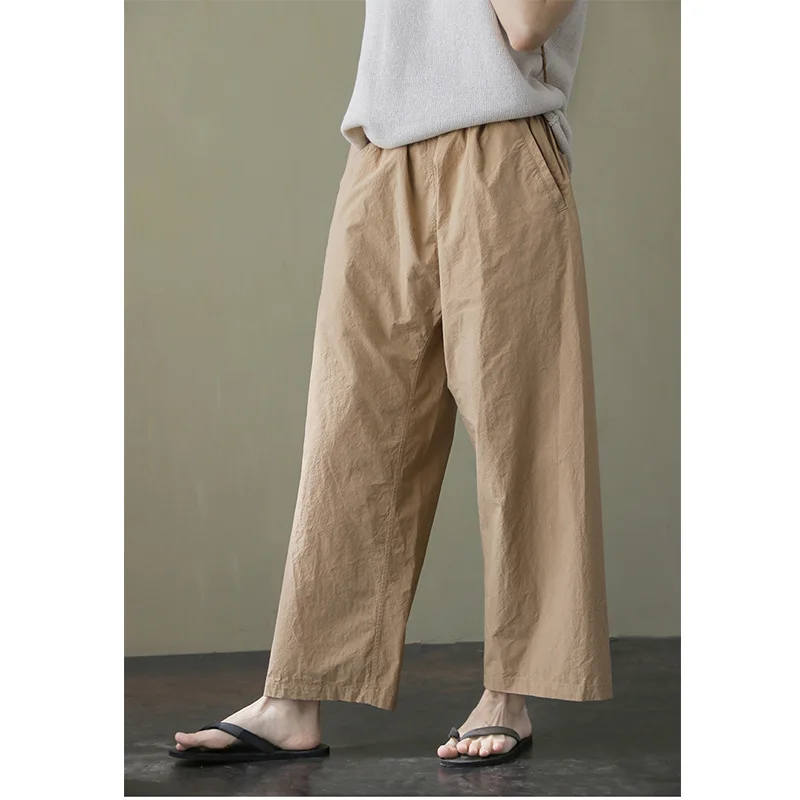 Wide-leg pants spring and summer khaki fluffy long-staple cotton elastic waist loose nine-point wide-leg straight pants