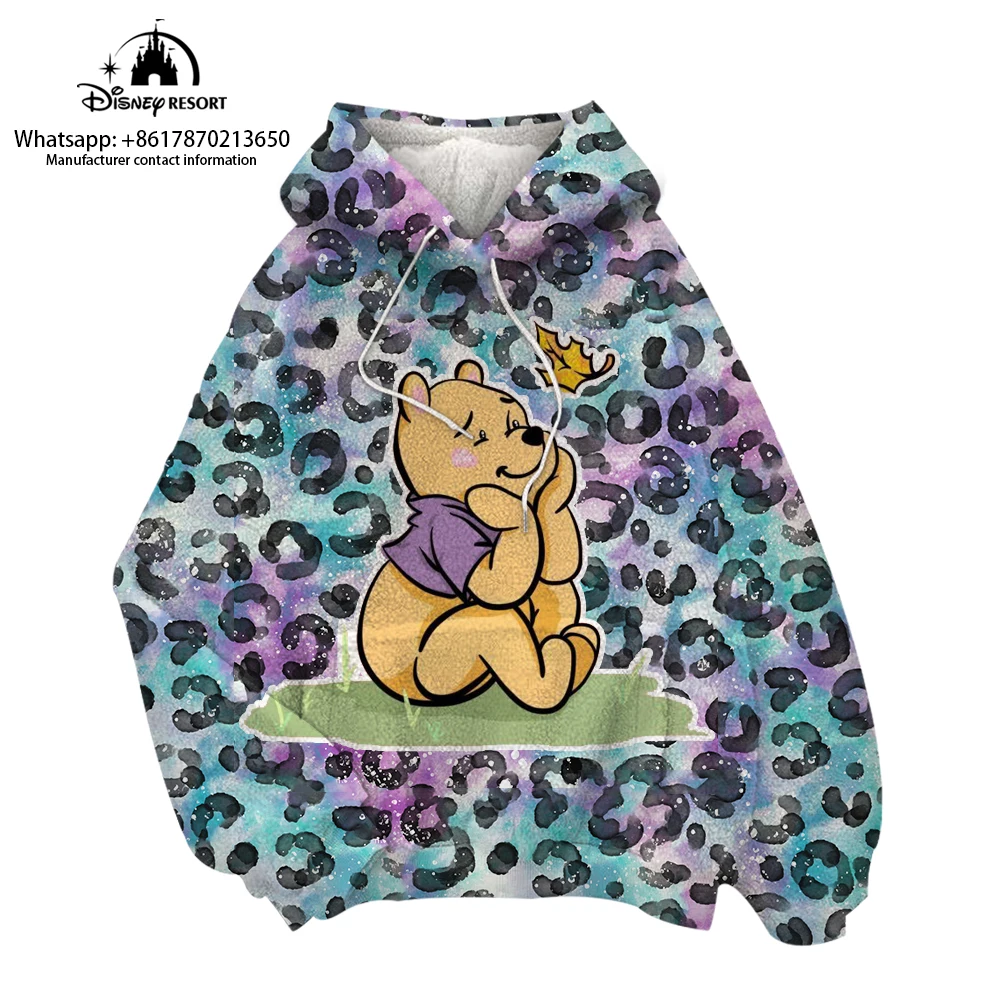 

Kids Hooded Plush Sweatshirt Winnie the Pooh Cartoon Disney Winter 2022 New Round Neck Ladies Leopard Print Hoodie