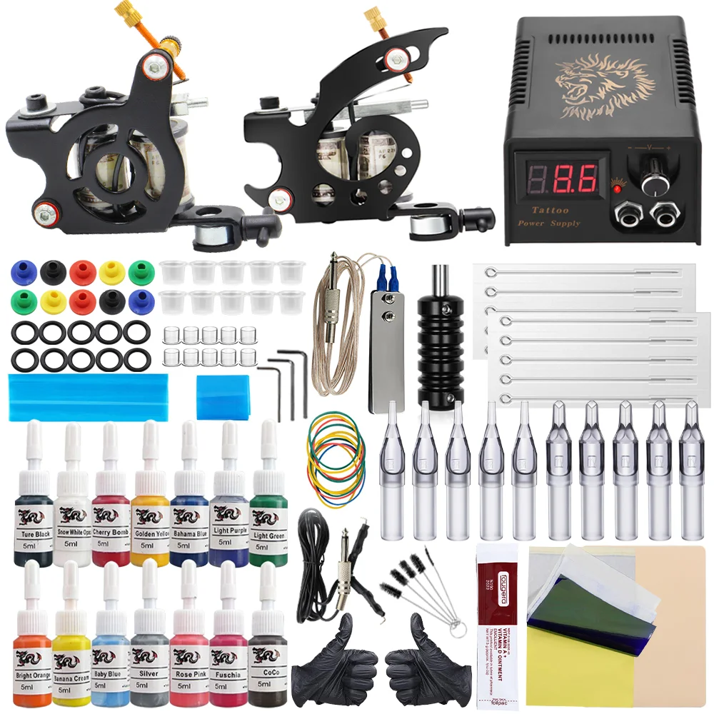 

Tattoo Kit Professional Complete Tattoo Machine Gun Set with Power Supply Needles Makeup Ink Set for Tattoo Beginners