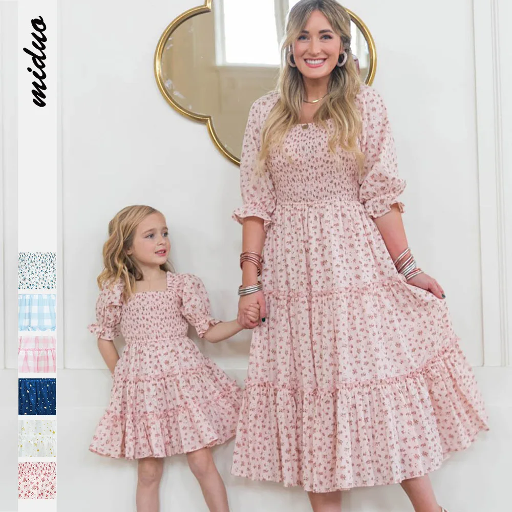 

Mother Daughter Parent-child Dress Lovely Princess Dress 2022 New Fashion Broken Flower Square Collar Lantern Sleeve Casual