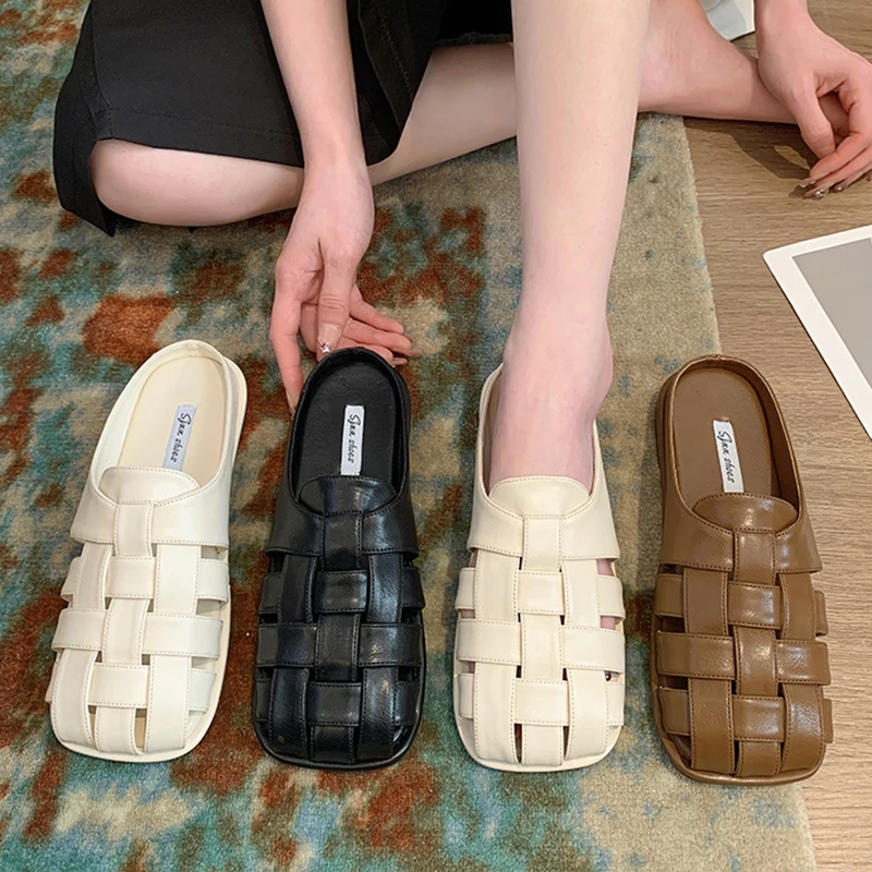 

Shoes Woman 2023 Slippers Soft Low Pantofle Loafers Cover Toe Comfort Flat New Rome Microfiber Slides PU Basic Casual Rubber