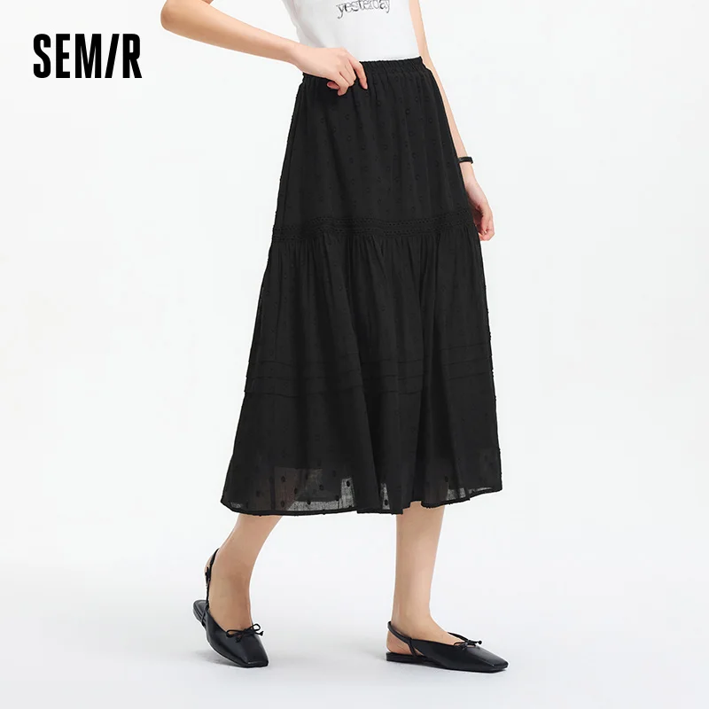 Фото Юбка Semir женская, с эластичной талией, А-силуэт, элегантная, новинка 2025 года, летняя, с пэчворком, кружевом и в горошек, длинная, изящная, для повседневной носки №2