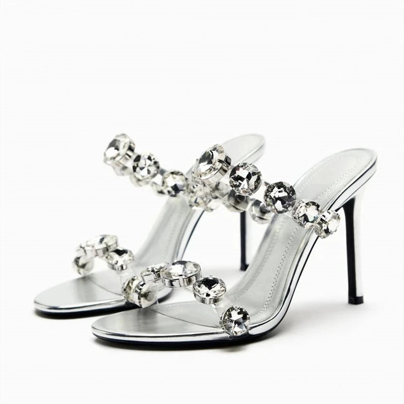 

TRAF Rhinestone Heeled Sandals Woman 2023 Summer New Fashion Open Toe Heels Slingbacks Office Lady Stilettos Dress Party Shoes