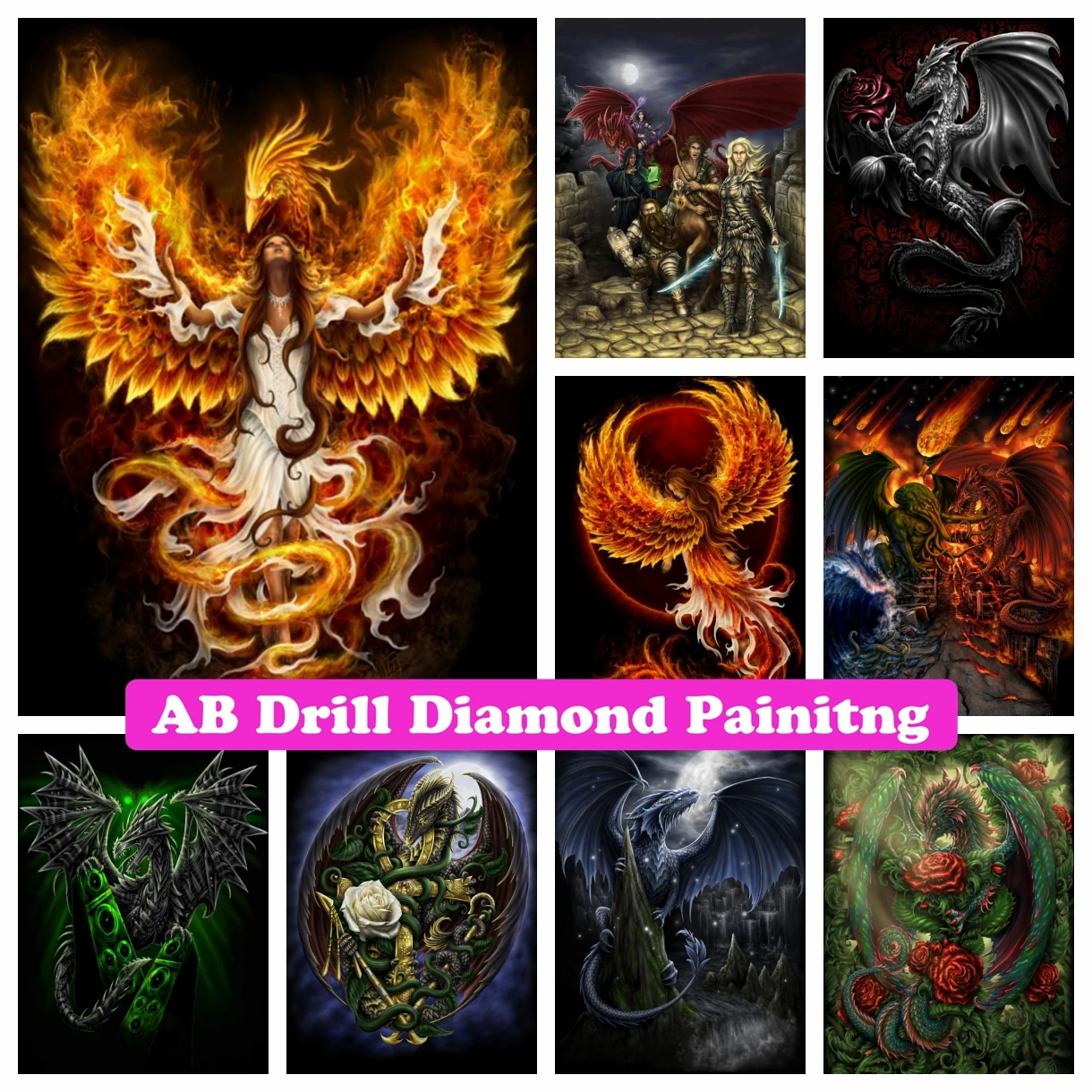 

Dragon and Phoenix 5D DIY AB Drills Diamond Painting Embroidery Fantasy Gothic Artwork Cross Stitch Rhinestone Mosaic Home Decor