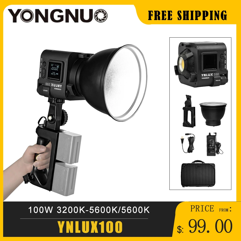 

YONGNUO YNLUX100 LED Video Light Handheld COB Photography Fill Light 100W with NP-F Battery Handle Carrying Case Power Adapter