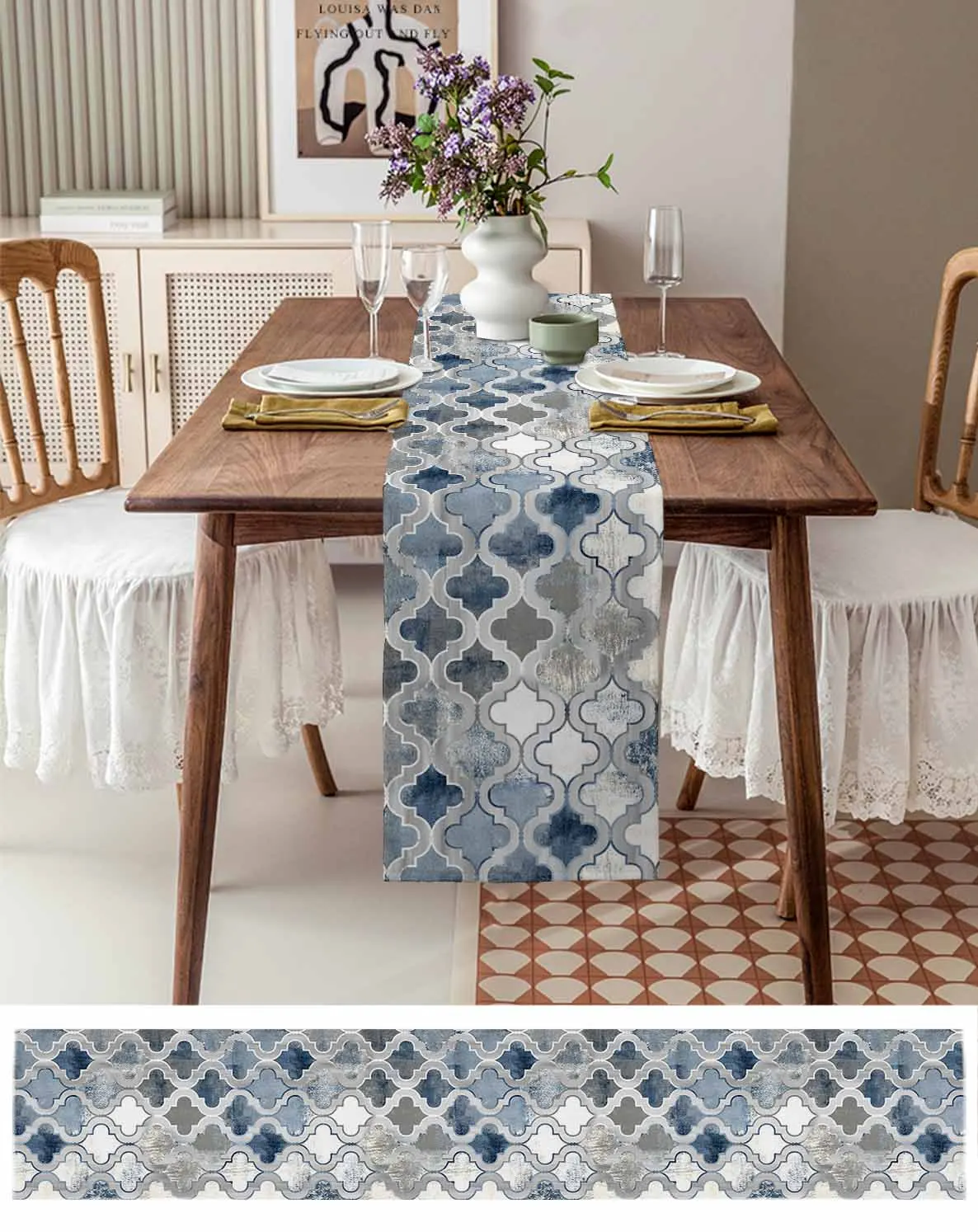 Окрашенные пятнистые современные марокканские синие настольные дорожки с