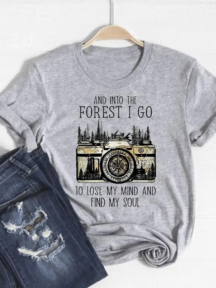 

Print T Shirt Short Sleeve Wild Forest Trend 90s Summer Top Fashion Clothes Women Clothing Gray Basic Tee Graphic T-shirt
