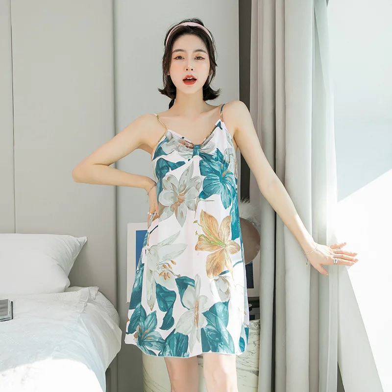 Fdfklak Korean Thin Print Floral Women Nightdress Summer Sleeveelss Sleepwear Ladies Sling Hot Lingerie Night Dress