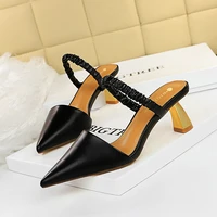 bikinikey new retro fashion thick heels high heels shallow mouth pointed hollow one word belt summer sandals and slippers
