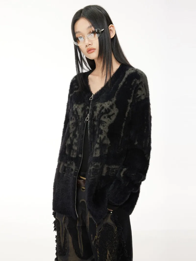 High Street Y2k кардиган вязаный черный винтажный принт свитера пальто женские в