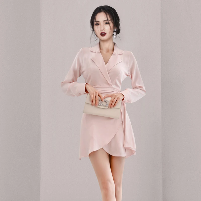 

2022 Summer New Style Korean Women's High-end Temperament Polo Collar Long Sleeve Fashion Elegant Middle Waist Ruffle Dress
