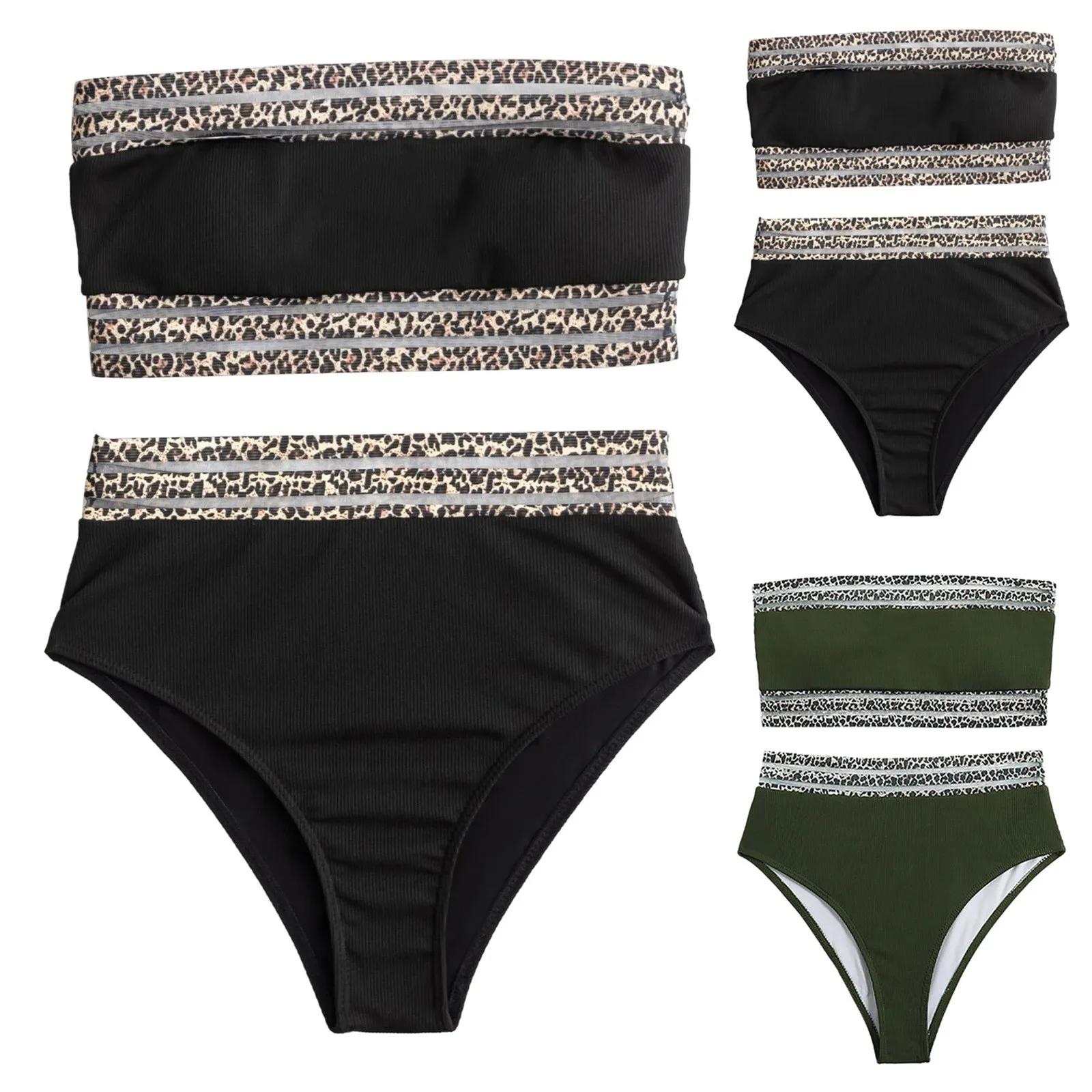 

Split Swimsuit Leopard Print Paneled Strapless Bikini High Waist Tube Top Sexy Swimsuit