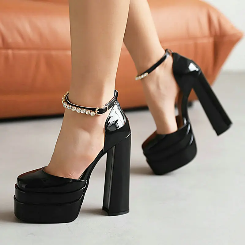 

Patent Leather Ankle Strap Rhinestone Thick High Heel Platform Sandals Woman Ladies Party Wedding Pumps 2022 New Sexy