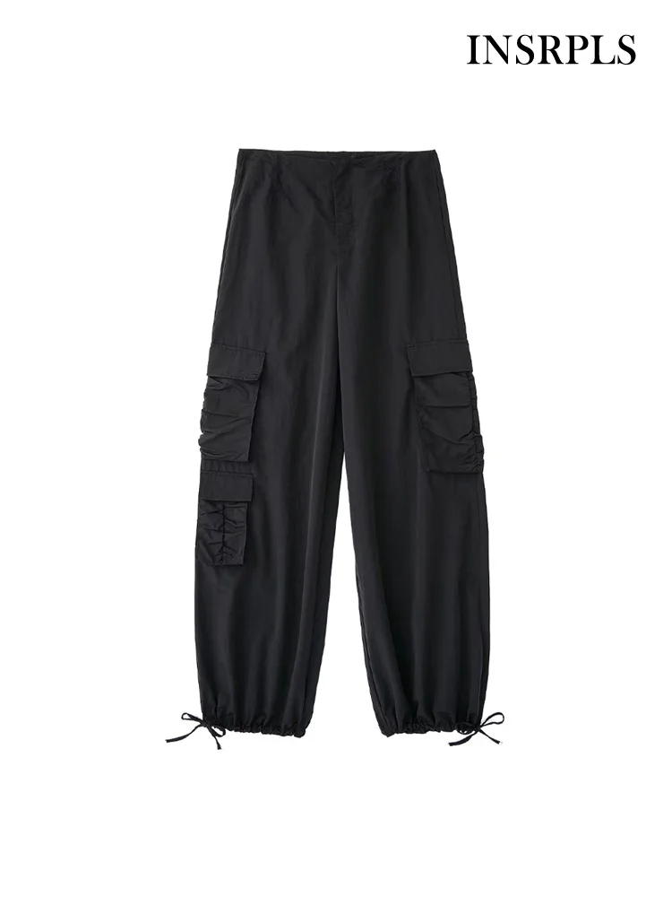 

INSRPLS Women Fashion Side Pockets Adjustable Tied Hem Cargo Pants Vintage High Waist Zipper Fly Female Trousers Mujer
