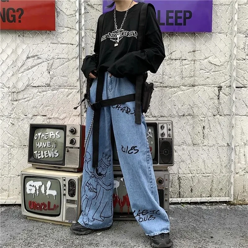 Graffiti Printed Street Jeans Women Gothic Mopping Loose Wide-Leg Pants Harajuku Street Casual All-Match Jeans Trousers Unisex