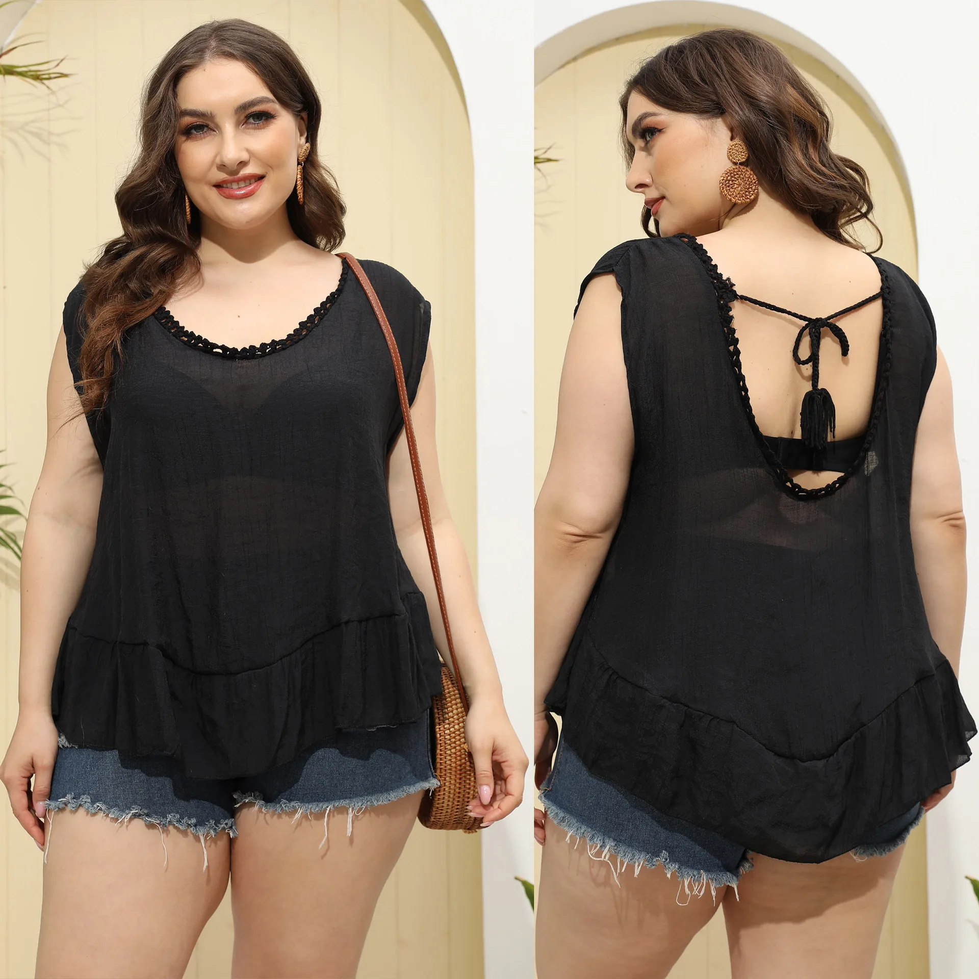 

Large Size Ladies cover up Women's Tops Hook Panel Sexy Backless Ruffle Blouse sheer dress blusas mujer de moda 2022 verano