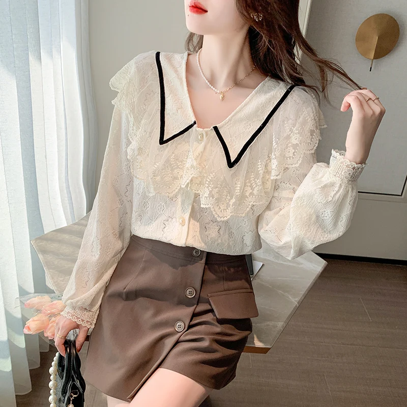 

Кружевная рубашка для женщин, летняя новая блузка с оборками, модный Свободный корейский Топ с длинным рукавом и V-образным вырезом, повседн...