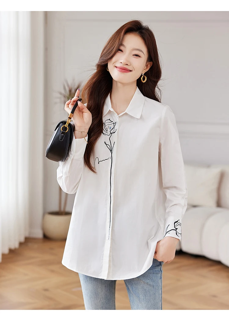 Новая женская рубашка с длинным рукавом и отложным воротником вышивкой блузка