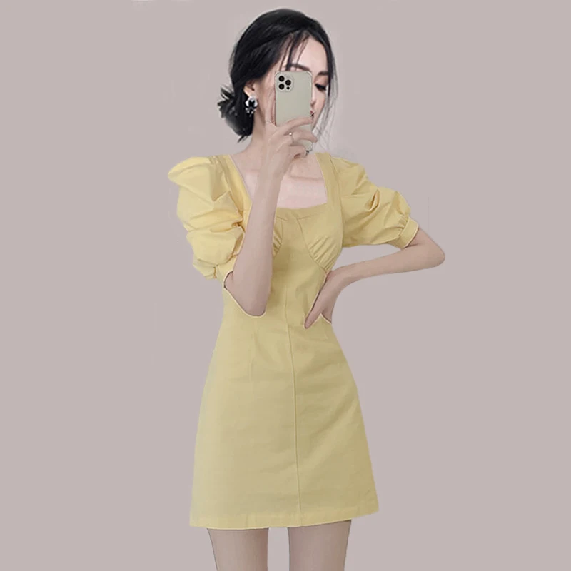 

Solid Color Puff Sleeve Korean Style Fairy Dresses French Japan Style Kawaii Elegant Vintage Dress Women clothing 2022