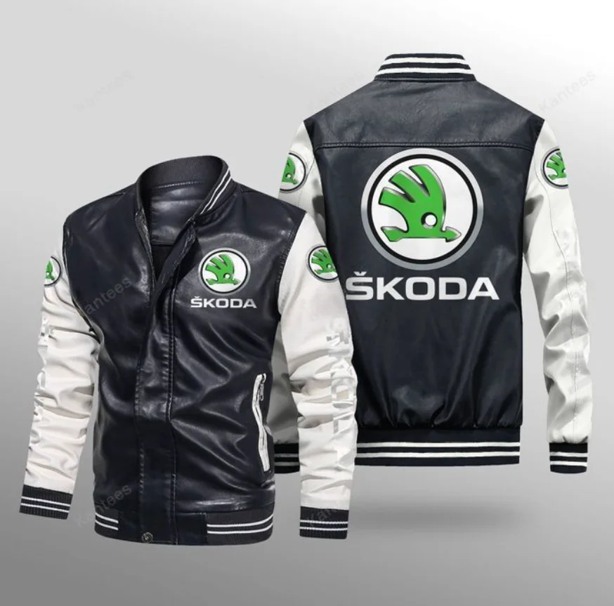 SKODA Logo Jacket Men Baseball Jackets Pu Leather Coats Slim Fit College Luxury Fleece Pilot Leather Jackets casaco masculino