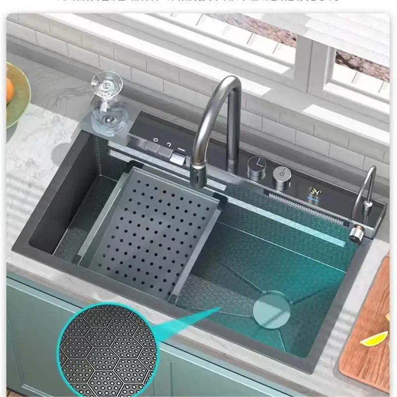 

Waterfall Sink Basin Large Single Slot Digital Display 304 Stainless Steel Sink With Waterfall Faucet For Kitchen Renovation
