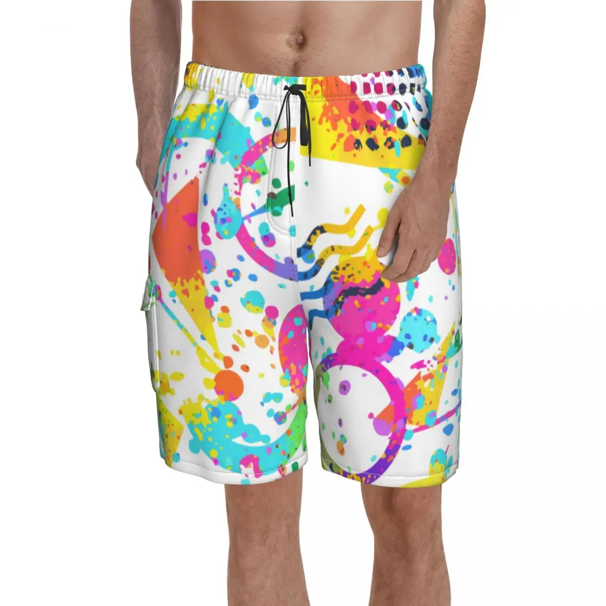 

80S Style Abstract Board Shorts Colorful Geometric Retro Funny Beach Shorts Man Customs Plus Size Swimming Trunks Birthday Gift
