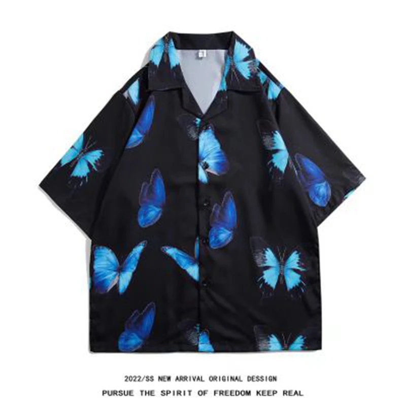 Men Harajuku Hawaiian Shirt Hip Hop Streetwear Butterfly Painting Print Beach Shirt Summer Short Sleeve Aloha Shirt Casual 2022