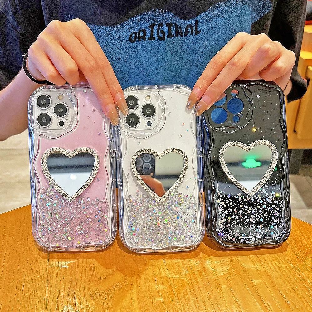 

3D Diamond Love Heart Mirror Glitter Wavy Transparent Phone Case For iPhone14 13 11 12Pro Max X XS XR 6 7 8 Plus Soft Back Cover