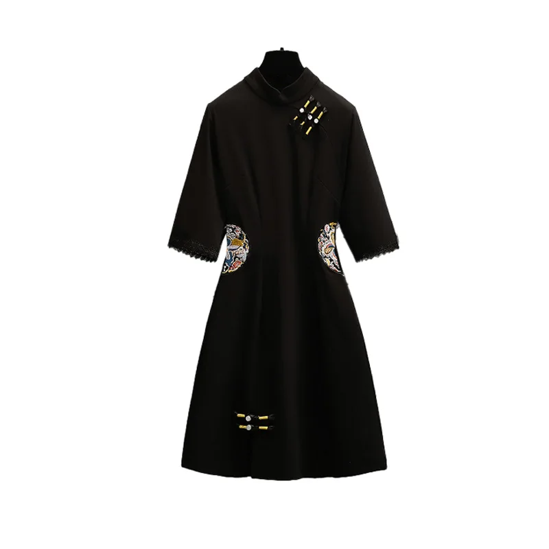 

Women Summer Elegant Midi Dress Plus Size4XL Stand Collar Short Sleeve A Line Slim Casual Vintage Embroidery Black Party Vestido